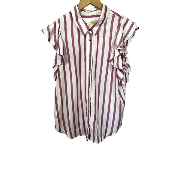 ANTHROPOLOGIE MAEVE Women's Striped Ruffle Button Down Blouse Pink Size Small - Picture 3 of 9